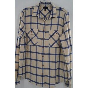 J.Crew "Boy" Fit Flannel Preppy Shirt in Cream & Blue Windowpane Plaid Size 12